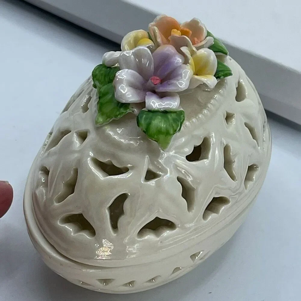 Vintage Cream Lusterware floral cut out design Easter Egg trinket box.